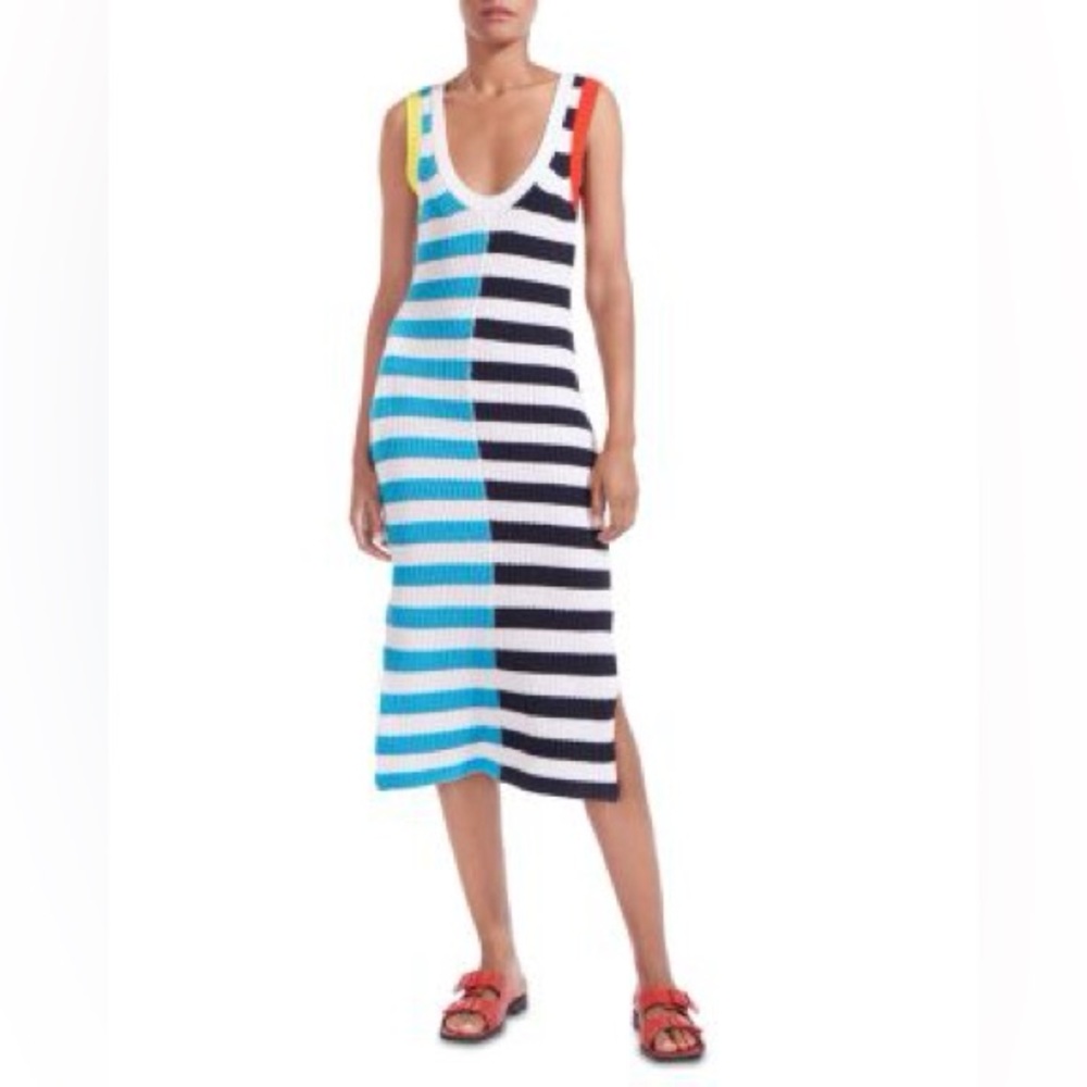 STAUD Seashore Blue and White Knit Midi Dress
